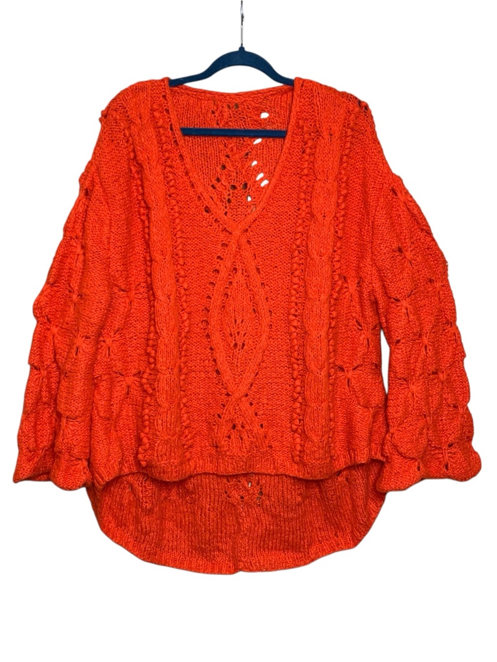 Handmade Open-Stitch Knit Sweater Slouchy Red Orange High Low Soft Cozy Pullover